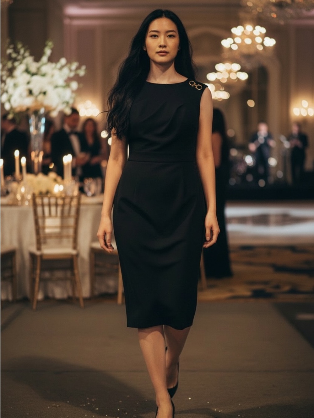 Ann Taylor Black Midi Sheath Dress with Gold Shoulder Detail